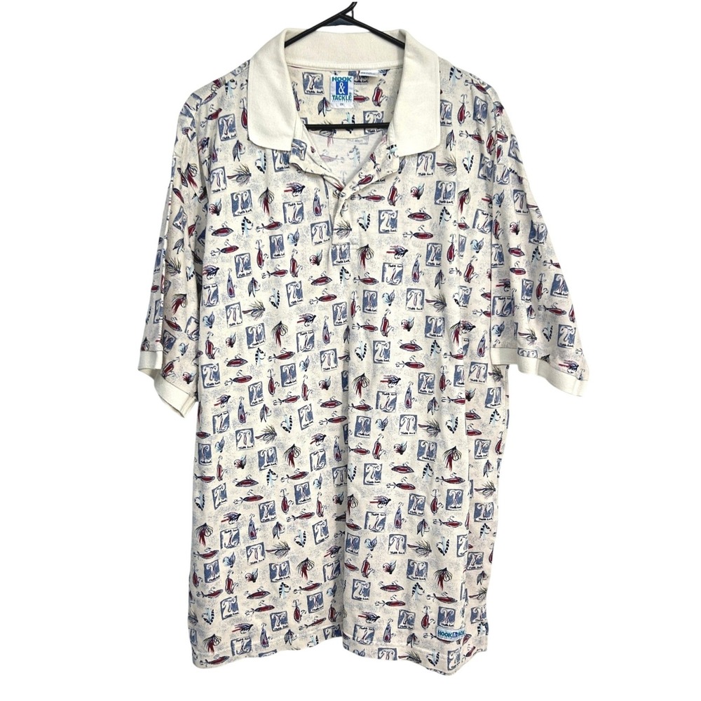Hook & Tackle Fishing Lure Print Polo Shirt Cotton Short Sleeve Men's 2XL